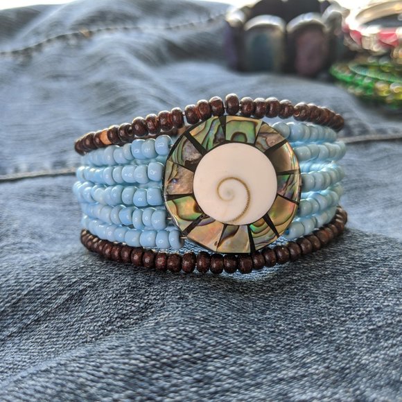 Abalone Shell Inlay Seed Bead Cuff - Picture 2 of 6